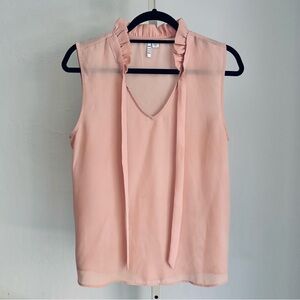 Elle Soft Peach Chiffon Ruffle Tie Neck Short Sleeve Top, Small